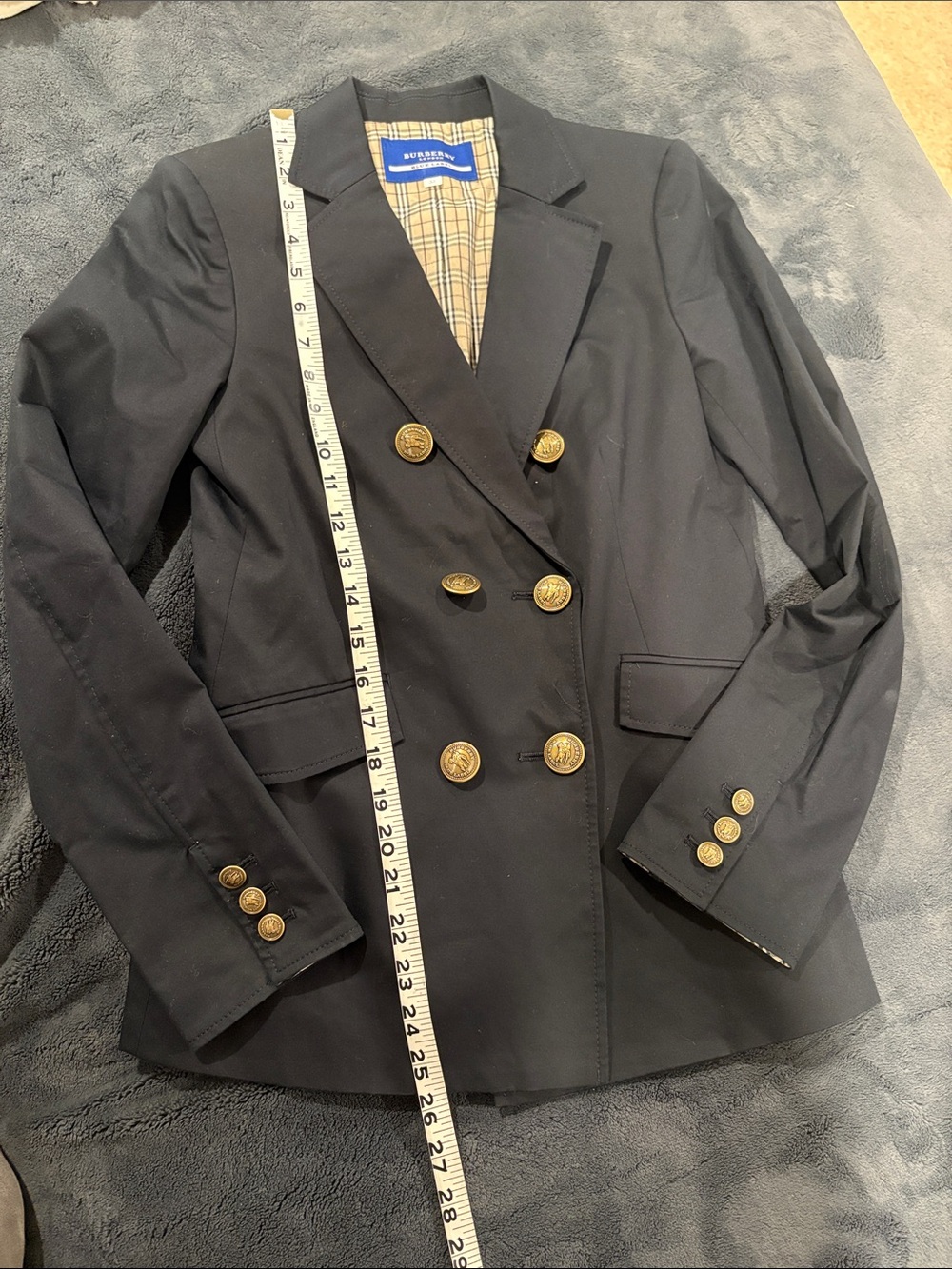 Burberry Blue Label Navy Double Breasted Blazer Gold Buttons Size 38 Lyocell - Picture 12 of 15